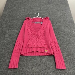 Mudd Sweater Womens S Pink Acrylic Cable Knit Hooded V Neck Pullover Y2K Style